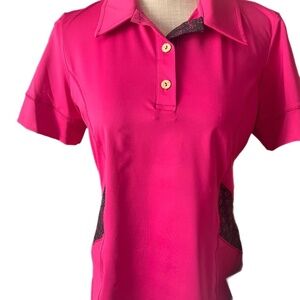 Fia Green  Garland Polo pink black logo ultra flattering fit moisture wicking